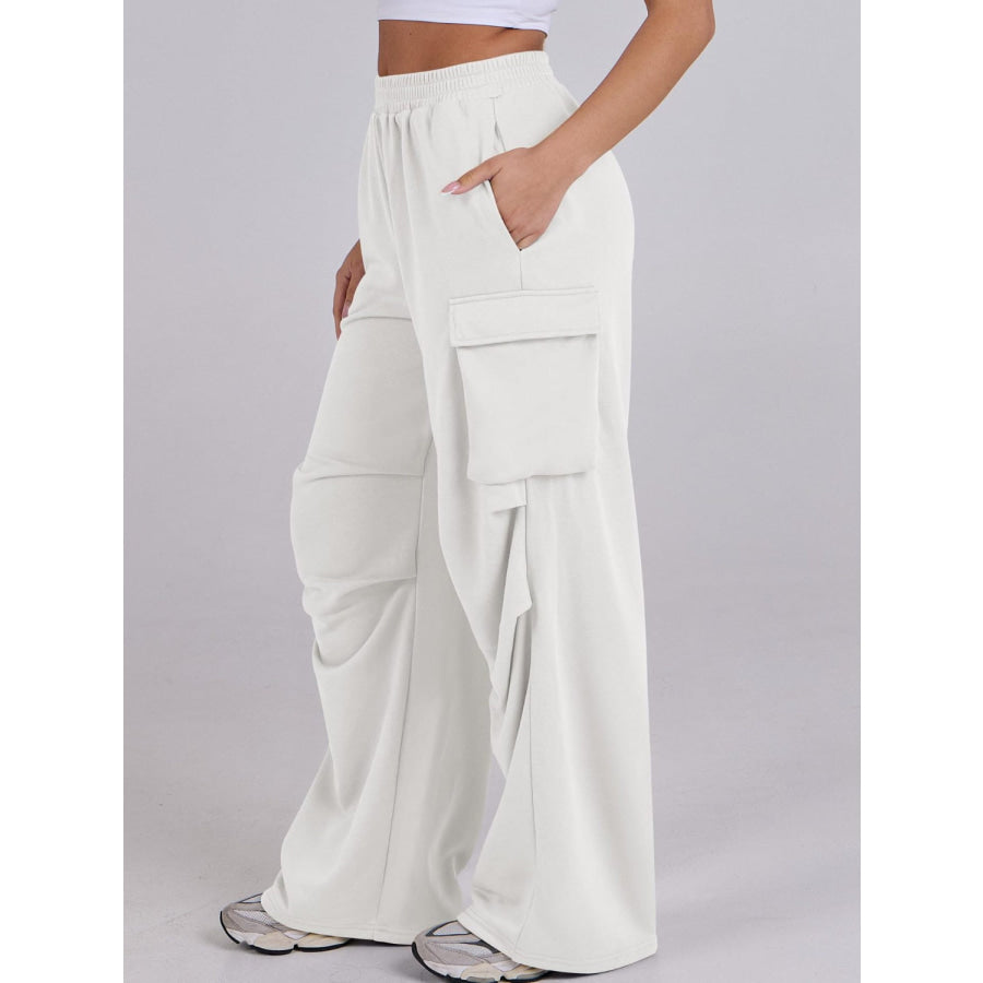 Elastic Waist Wide Leg Pants with Pockets Apparel and Accessories