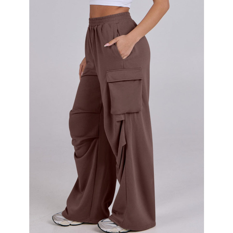 Elastic Waist Wide Leg Pants with Pockets Dark Brown / S Apparel and Accessories