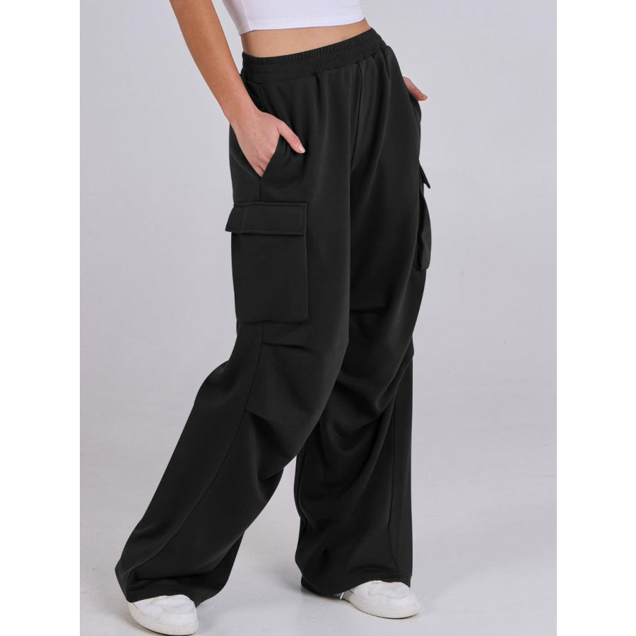Elastic Waist Wide Leg Pants with Pockets Apparel and Accessories