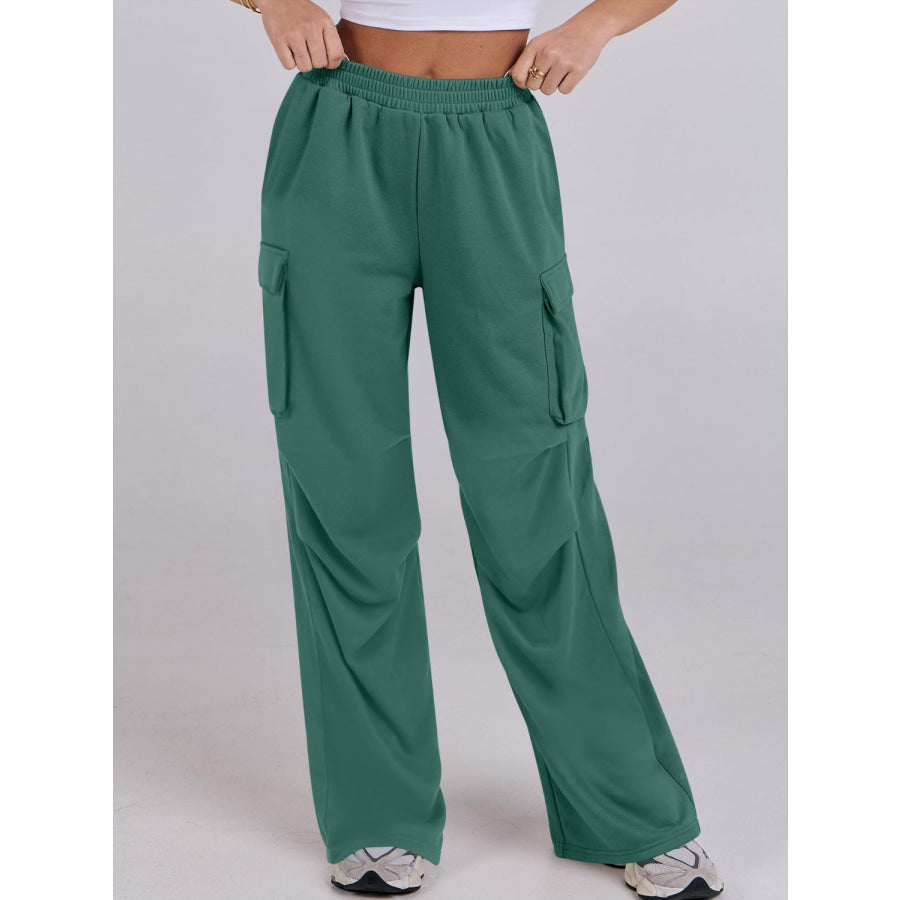 Elastic Waist Wide Leg Pants with Pockets Apparel and Accessories
