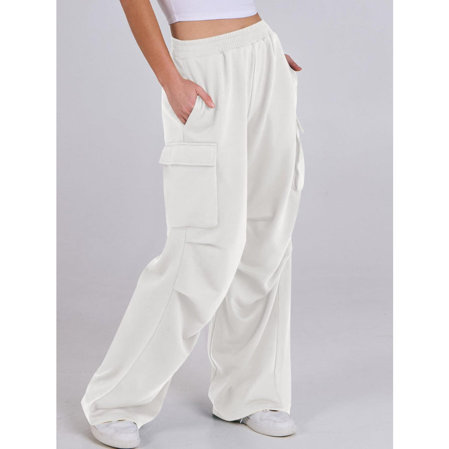 Elastic Waist Wide Leg Pants with Pockets Apparel and Accessories
