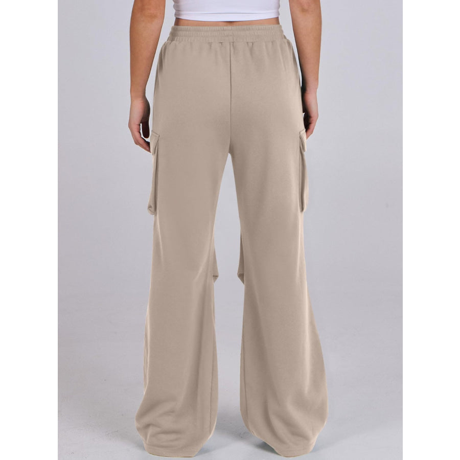 Elastic Waist Wide Leg Pants with Pockets Apparel and Accessories