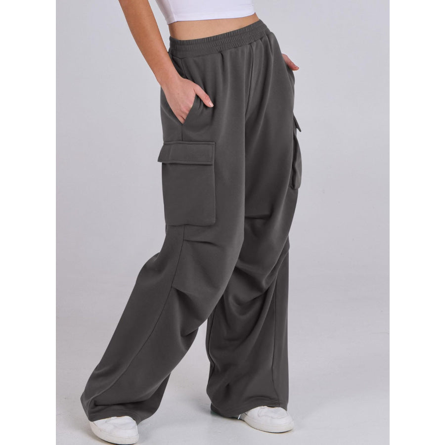 Elastic Waist Wide Leg Pants with Pockets Apparel and Accessories