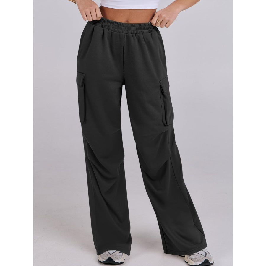 Elastic Waist Wide Leg Pants with Pockets Black / S Apparel and Accessories