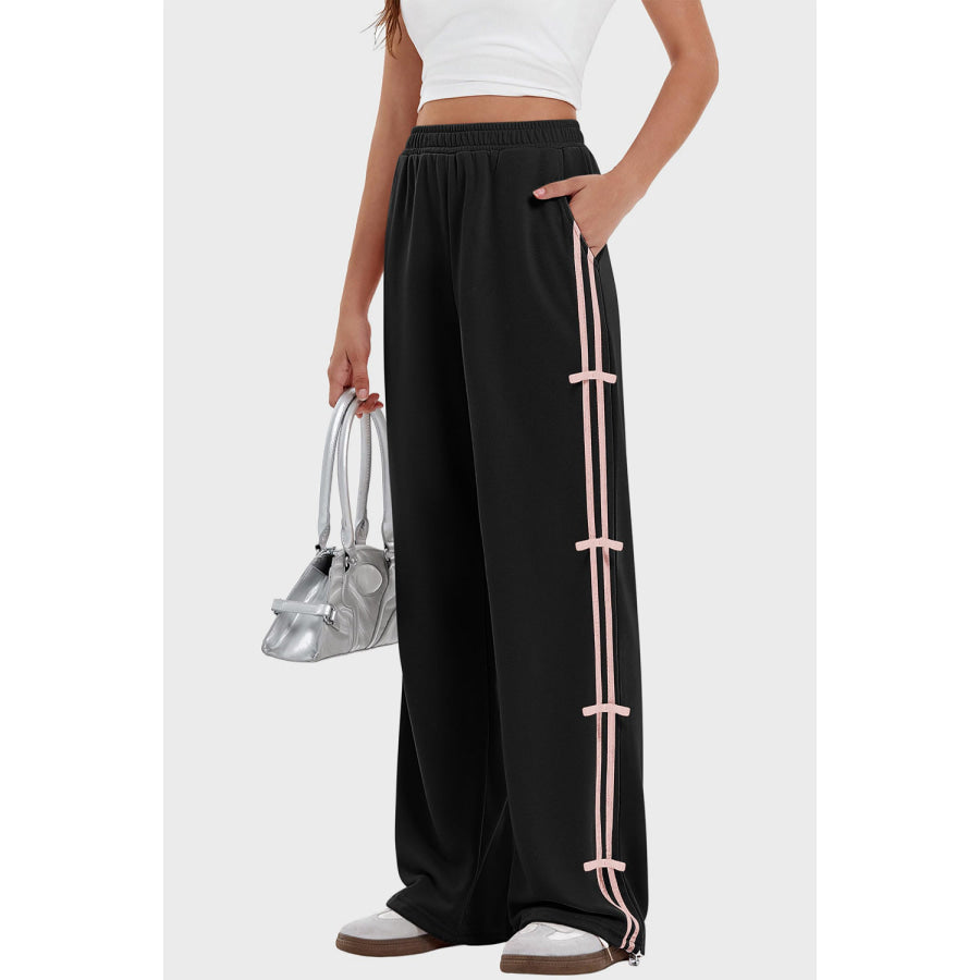 Elastic Waist Wide Leg Pants with Pockets Black / S Apparel and Accessories