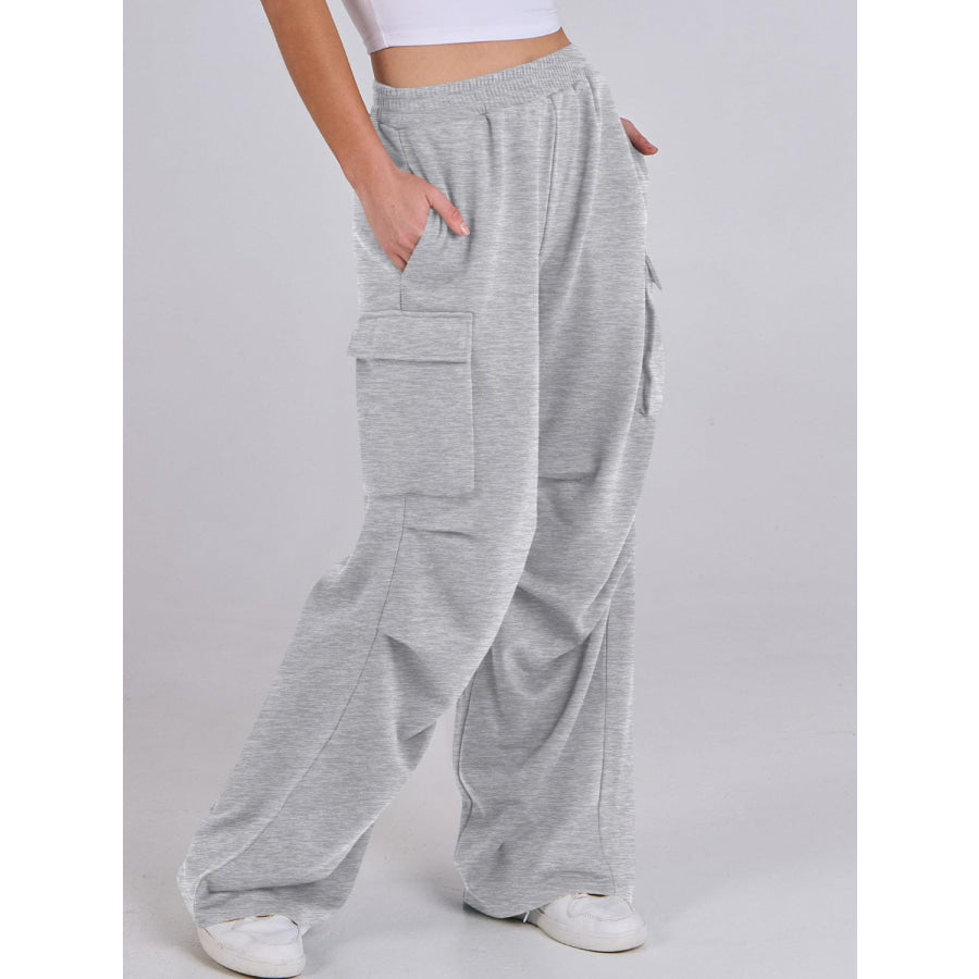 Elastic Waist Wide Leg Pants with Pockets Light Gray / S Apparel and Accessories