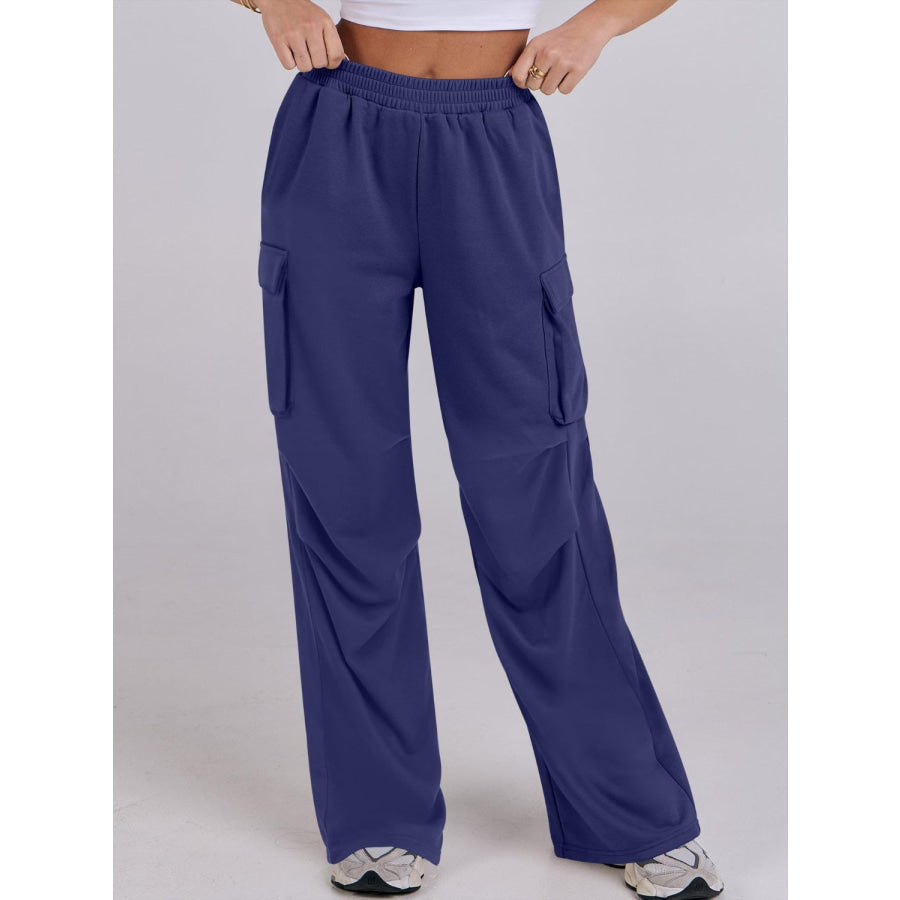 Elastic Waist Wide Leg Pants with Pockets Royal Blue / S Apparel and Accessories
