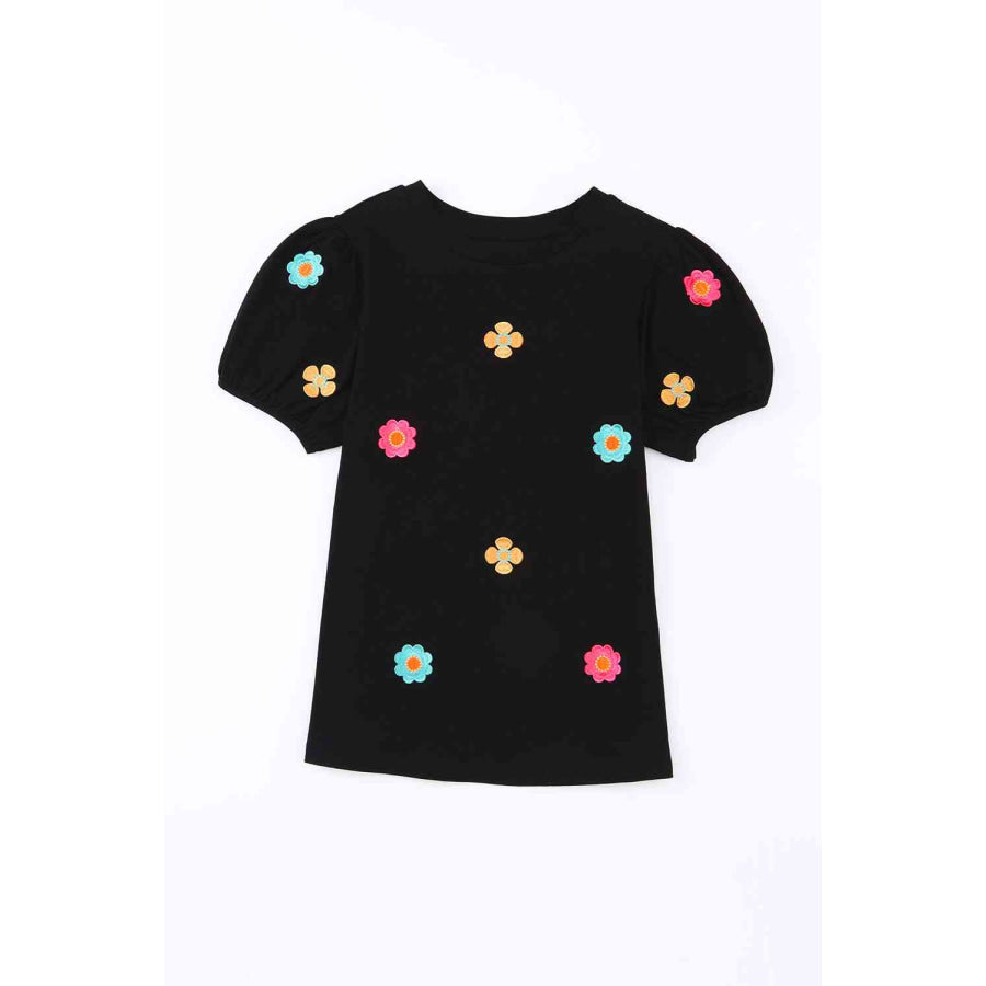 Embroidered Flower Round Neck Puff Sleeve Top Apparel and Accessories
