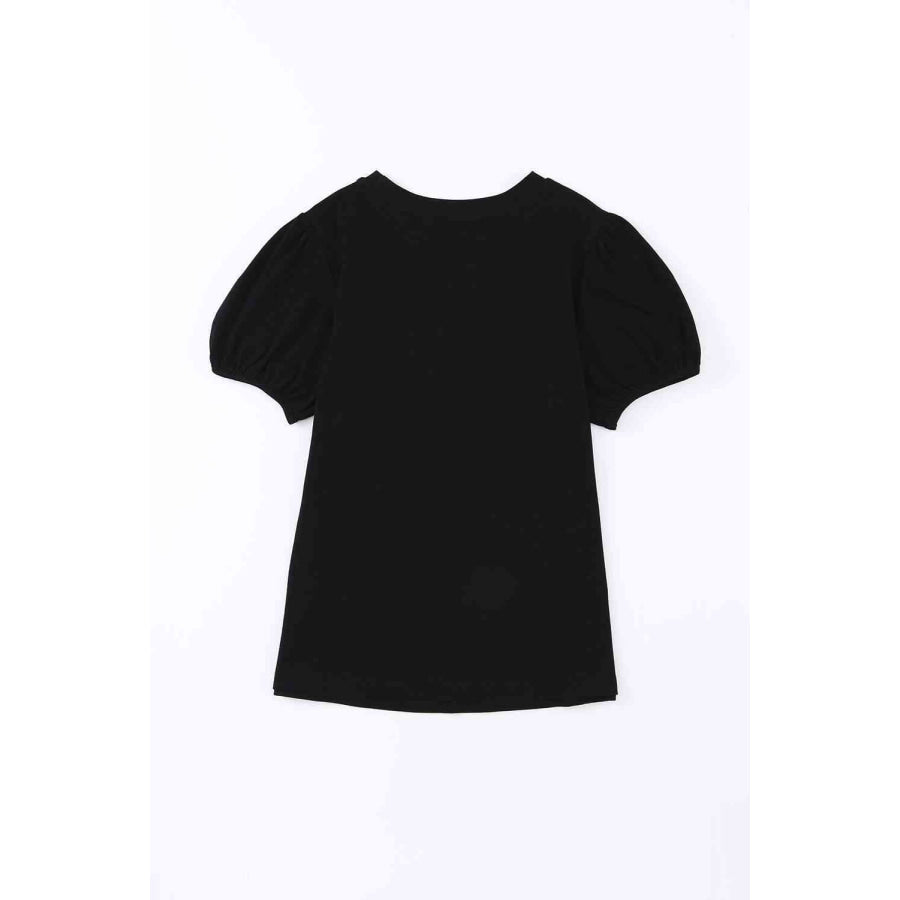 Embroidered Flower Round Neck Puff Sleeve Top Apparel and Accessories