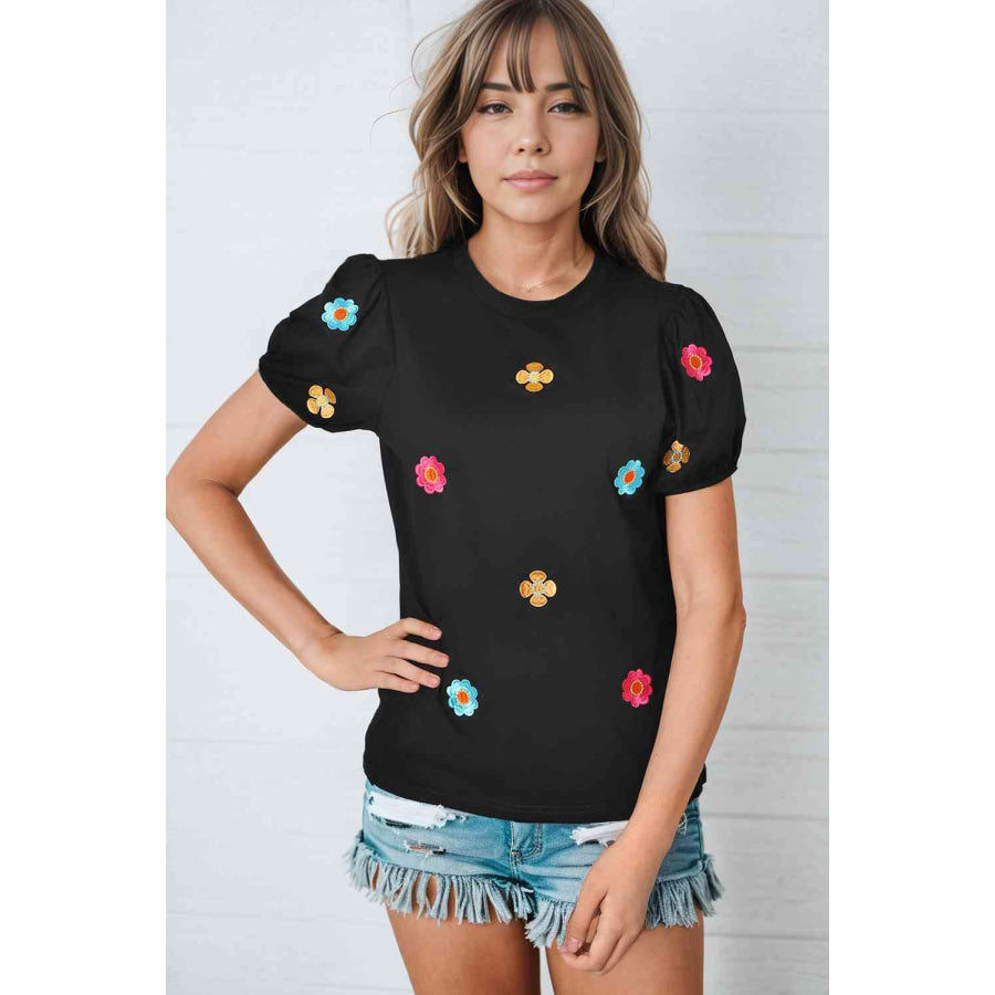 Embroidered Flower Round Neck Puff Sleeve Top Black / S Apparel and Accessories
