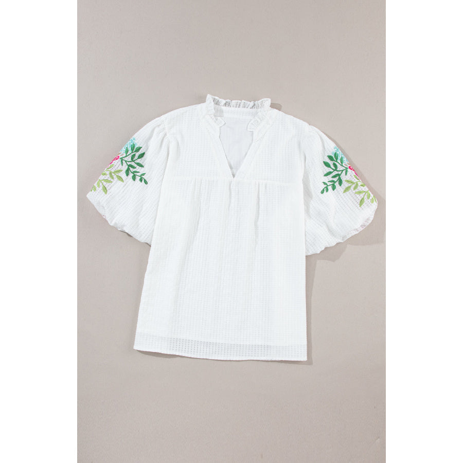 Embroidered Notched Half Sleeve Blouse Apparel and Accessories