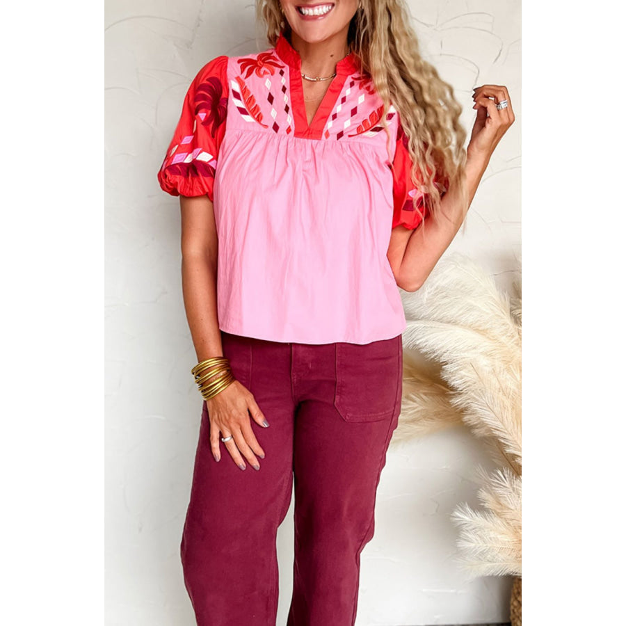 Embroidered Notched Short Sleeve Babydoll Blouse Apparel and Accessories