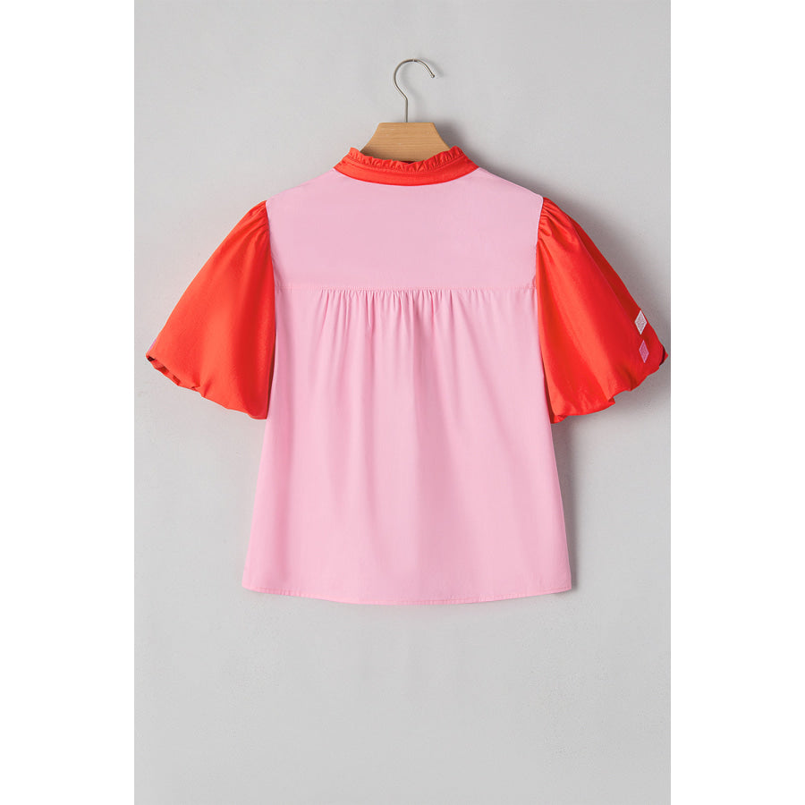 Embroidered Notched Short Sleeve Babydoll Blouse Apparel and Accessories