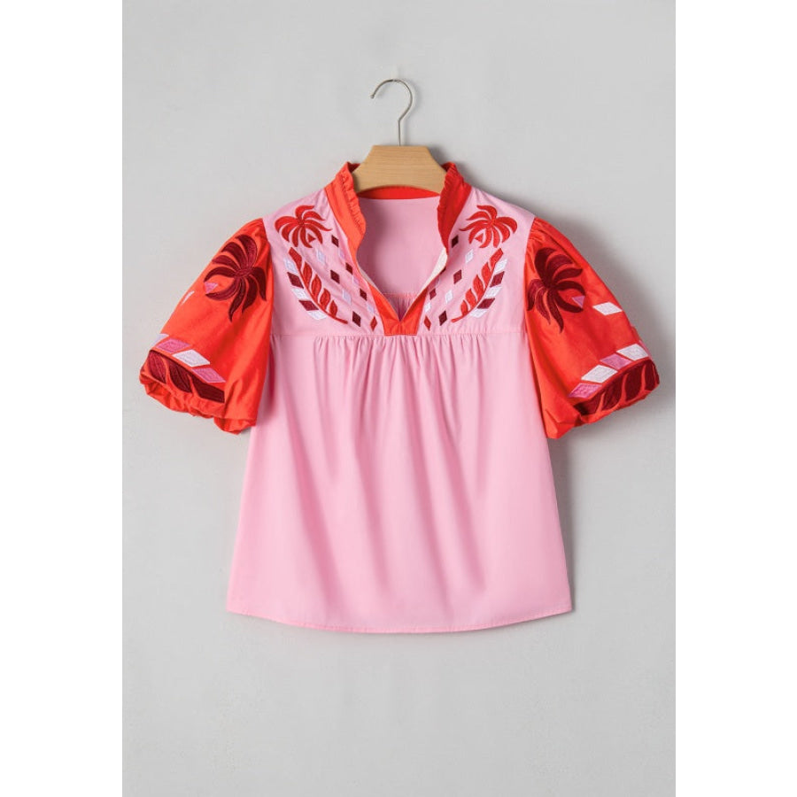 Embroidered Notched Short Sleeve Babydoll Blouse Apparel and Accessories