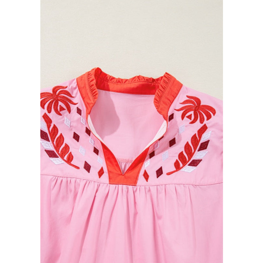 Embroidered Notched Short Sleeve Babydoll Blouse Apparel and Accessories