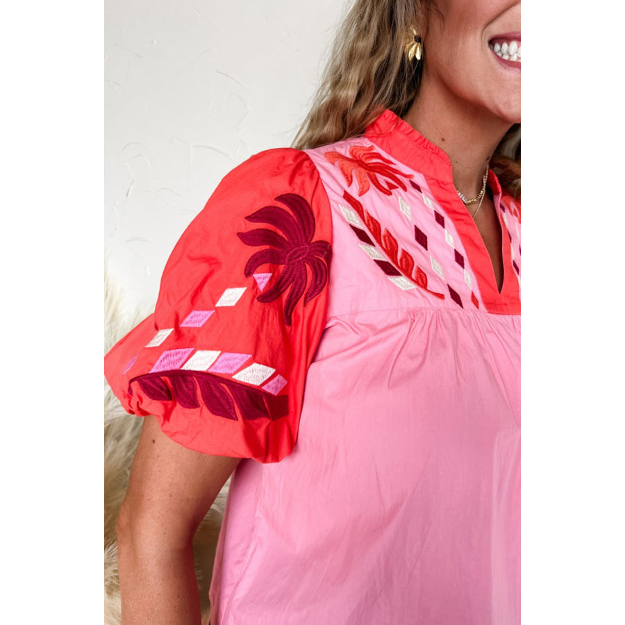 Embroidered Notched Short Sleeve Babydoll Blouse Apparel and Accessories