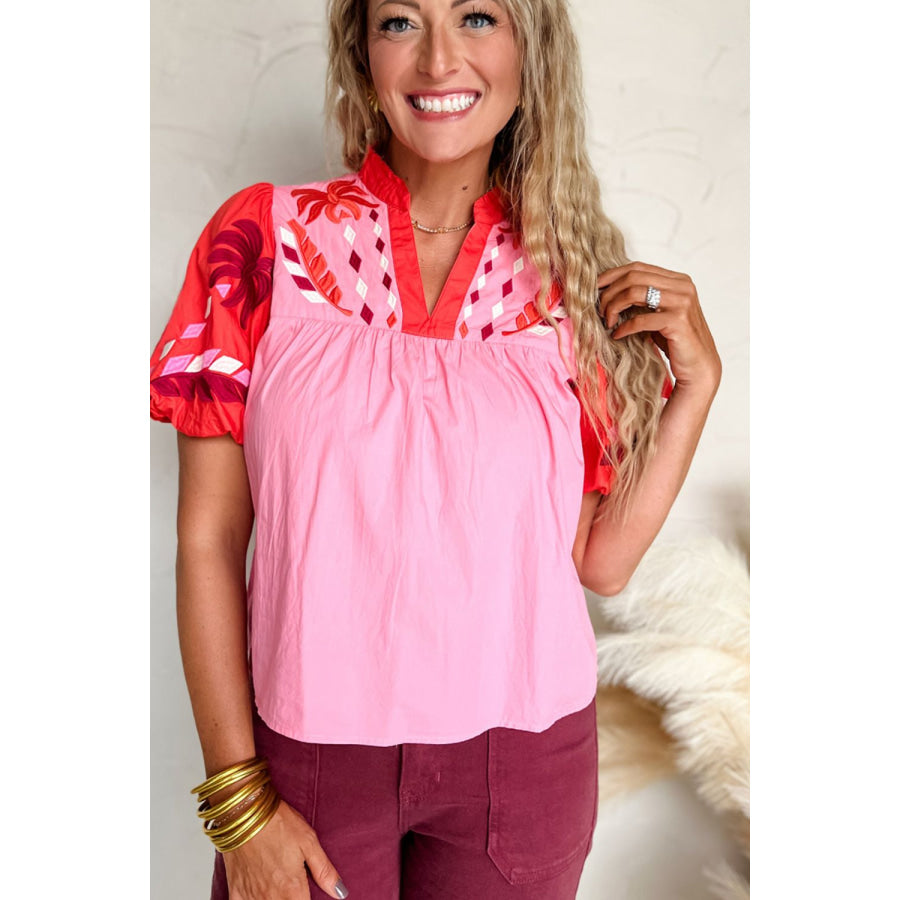 Embroidered Notched Short Sleeve Babydoll Blouse Apparel and Accessories