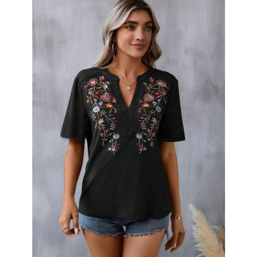 Embroidered Notched Short Sleeve T-Shirt Apparel and Accessories