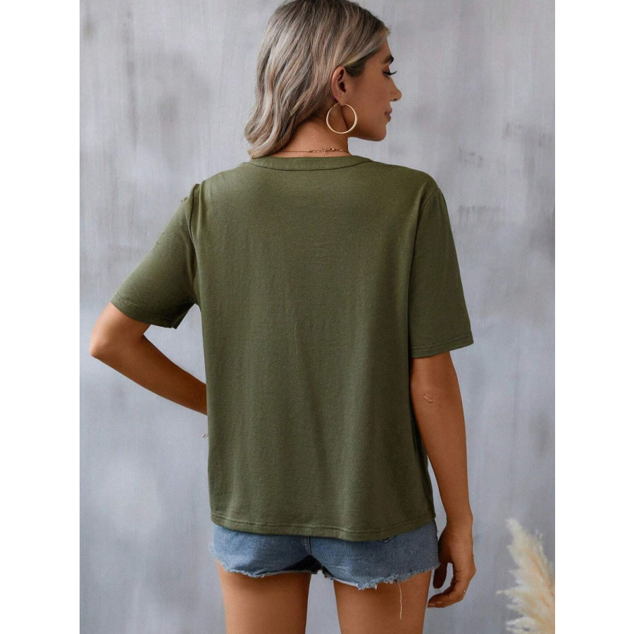 Embroidered Notched Short Sleeve T-Shirt Apparel and Accessories
