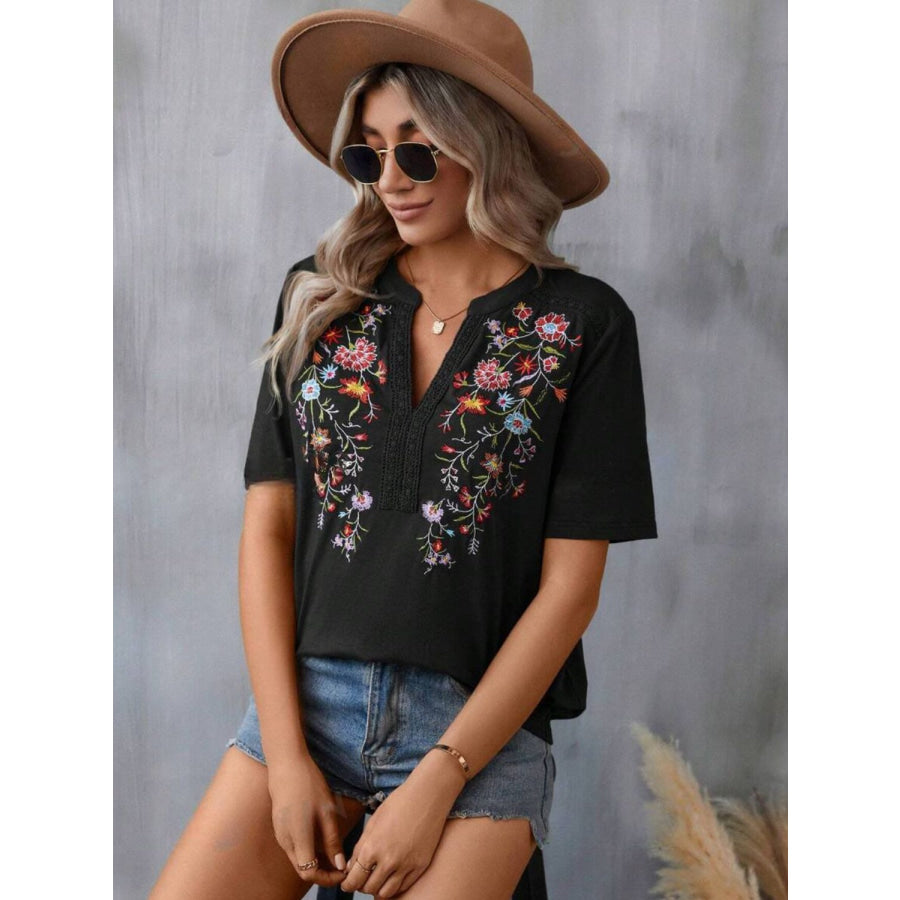 Embroidered Notched Short Sleeve T-Shirt Apparel and Accessories