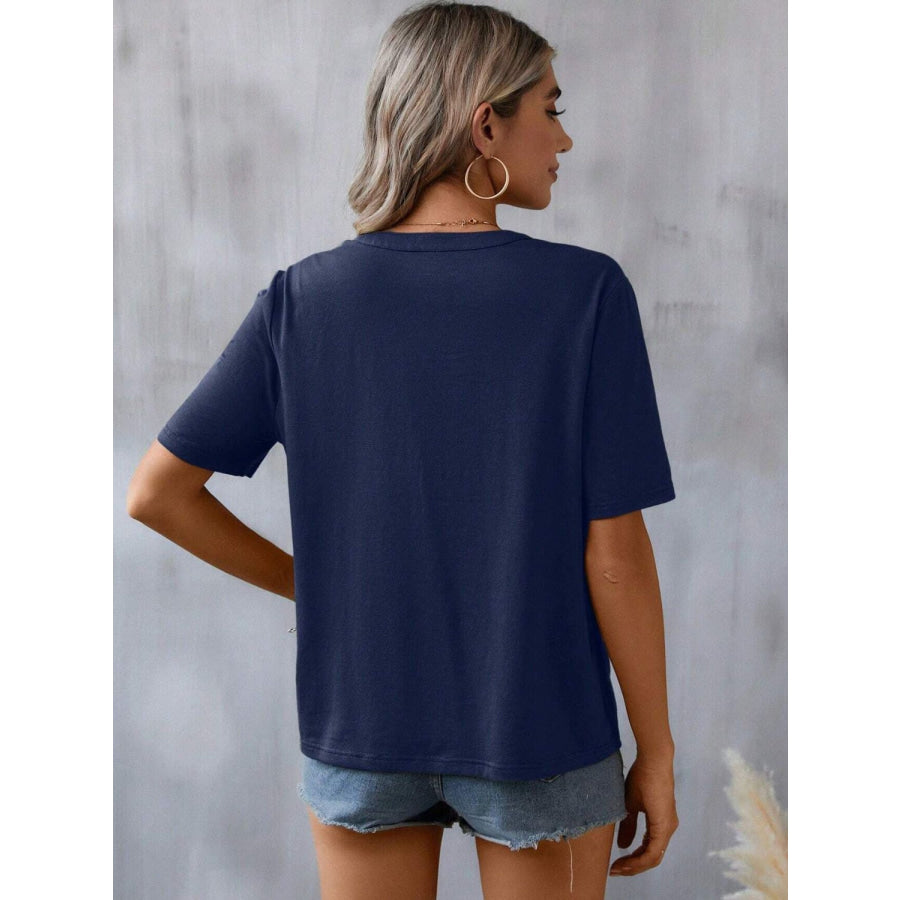 Embroidered Notched Short Sleeve T-Shirt Apparel and Accessories