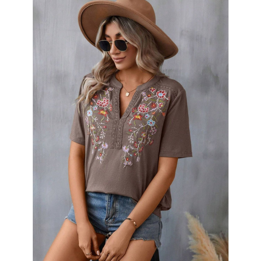 Embroidered Notched Short Sleeve T-Shirt Apparel and Accessories