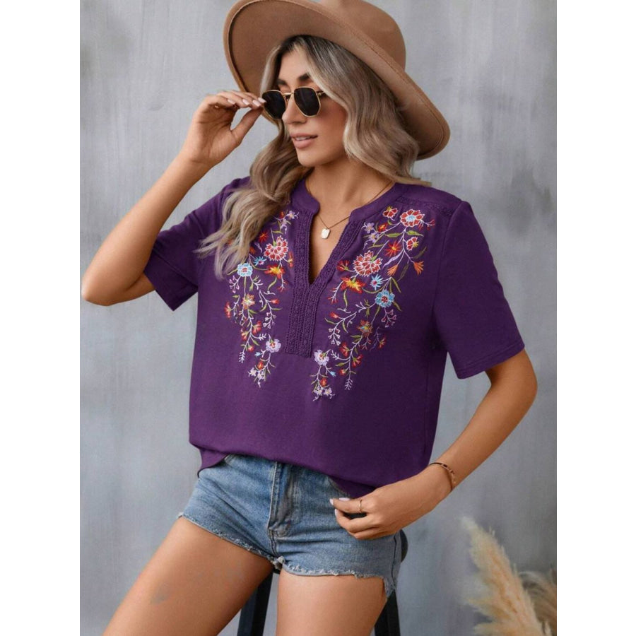 Embroidered Notched Short Sleeve T-Shirt Apparel and Accessories