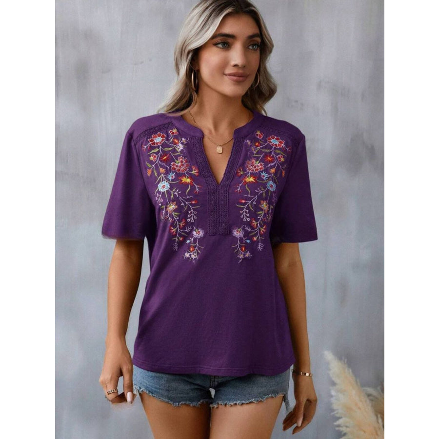 Embroidered Notched Short Sleeve T-Shirt Apparel and Accessories