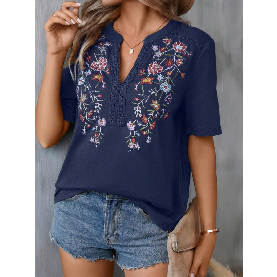 Embroidered Notched Short Sleeve T-Shirt Apparel and Accessories