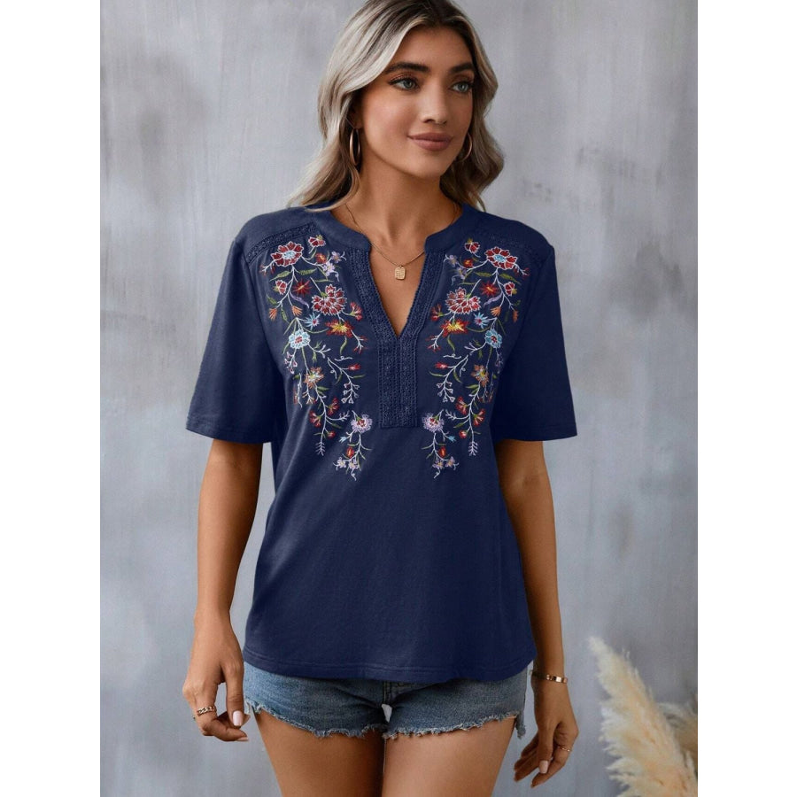 Embroidered Notched Short Sleeve T-Shirt Apparel and Accessories