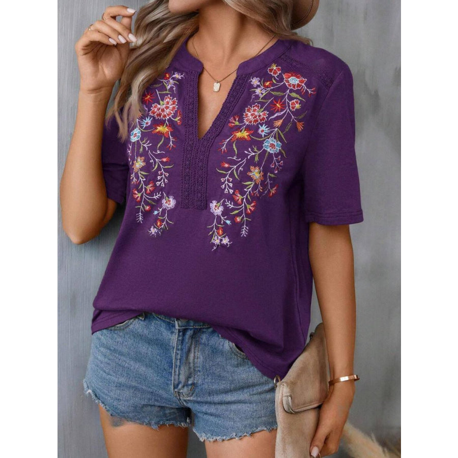 Embroidered Notched Short Sleeve T-Shirt Apparel and Accessories