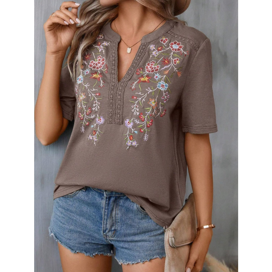 Embroidered Notched Short Sleeve T-Shirt Apparel and Accessories