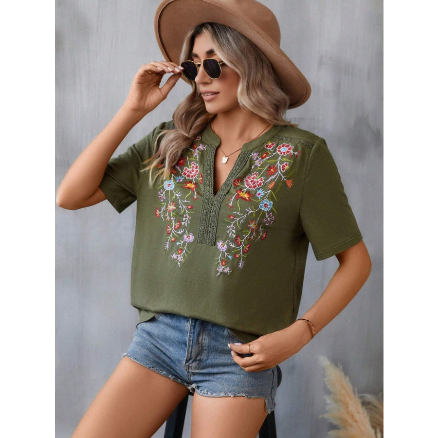 Embroidered Notched Short Sleeve T-Shirt Apparel and Accessories