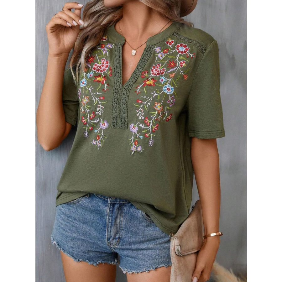 Embroidered Notched Short Sleeve T-Shirt Apparel and Accessories