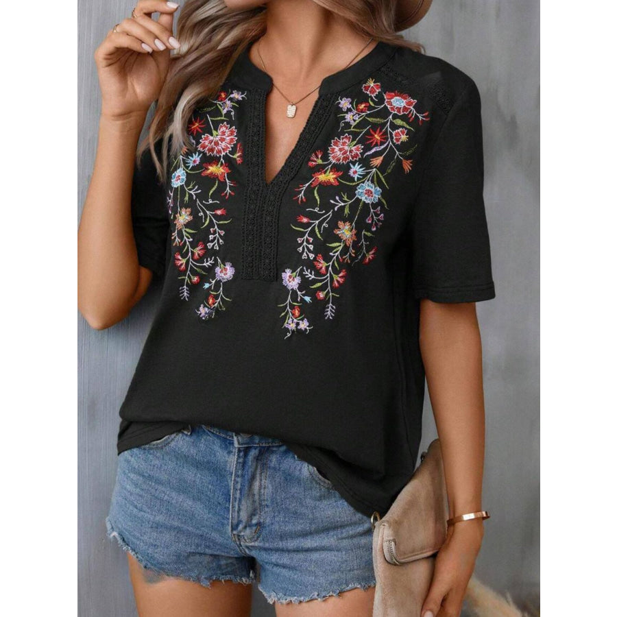Embroidered Notched Short Sleeve T-Shirt Apparel and Accessories