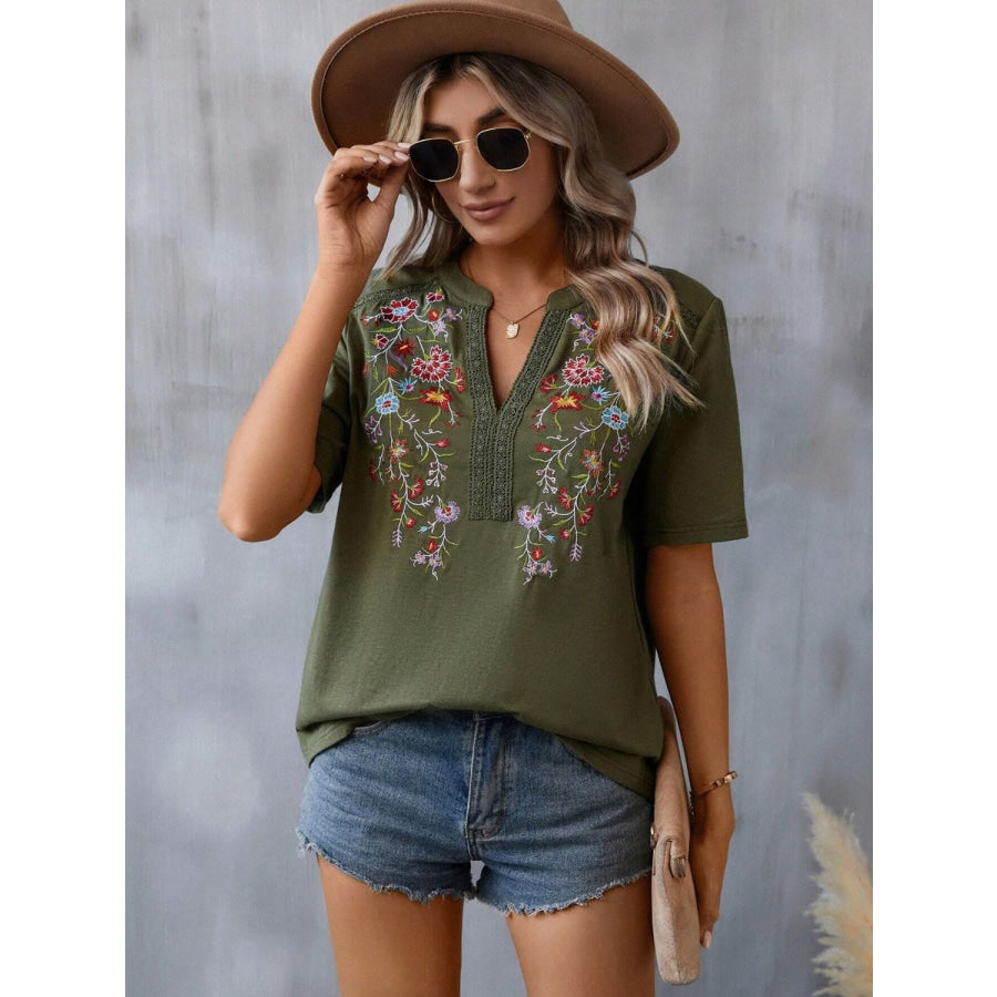 Embroidered Notched Short Sleeve T-Shirt Army Green / S Apparel and Accessories