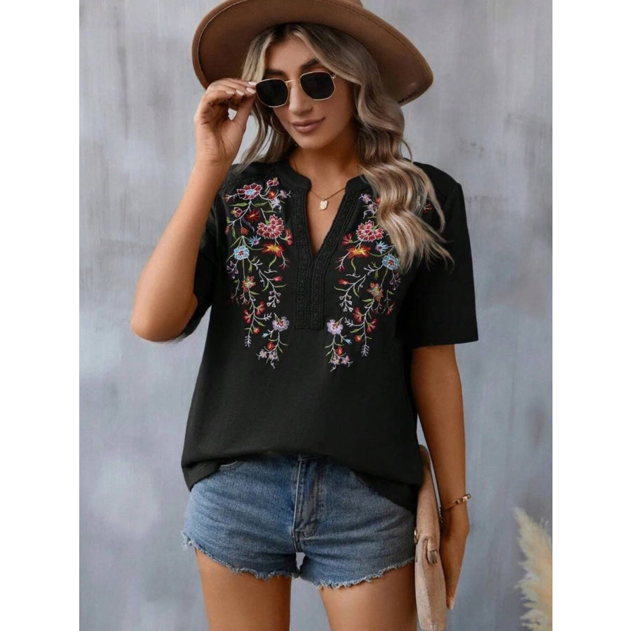 Embroidered Notched Short Sleeve T-Shirt Black / S Apparel and Accessories