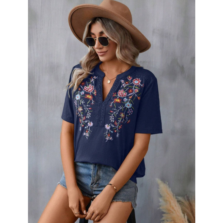 Embroidered Notched Short Sleeve T-Shirt Dark Navy / S Apparel and Accessories