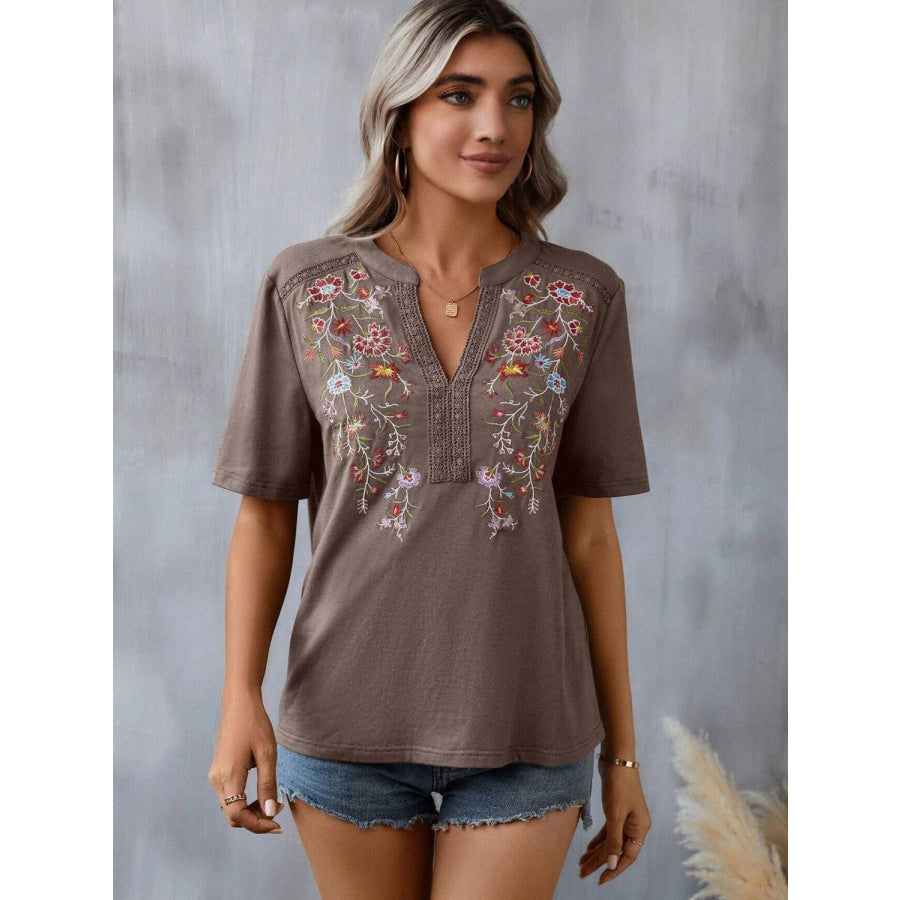 Embroidered Notched Short Sleeve T-Shirt Taupe / S Apparel and Accessories