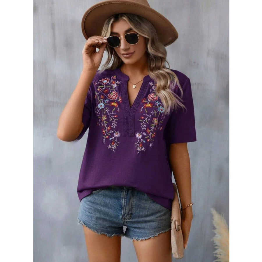 Embroidered Notched Short Sleeve T-Shirt Violet / S Apparel and Accessories