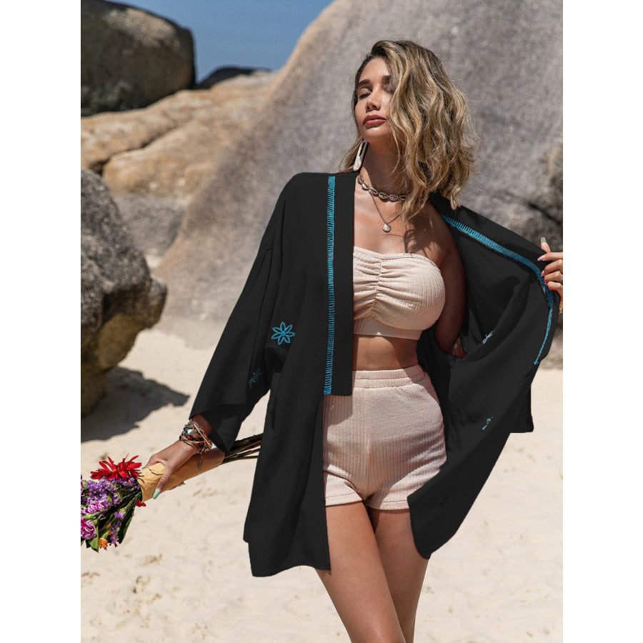 Embroidered Open Front Long Sleeve Cover Up Apparel and Accessories