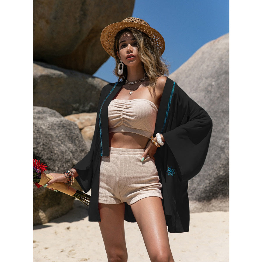 Embroidered Open Front Long Sleeve Cover Up Apparel and Accessories