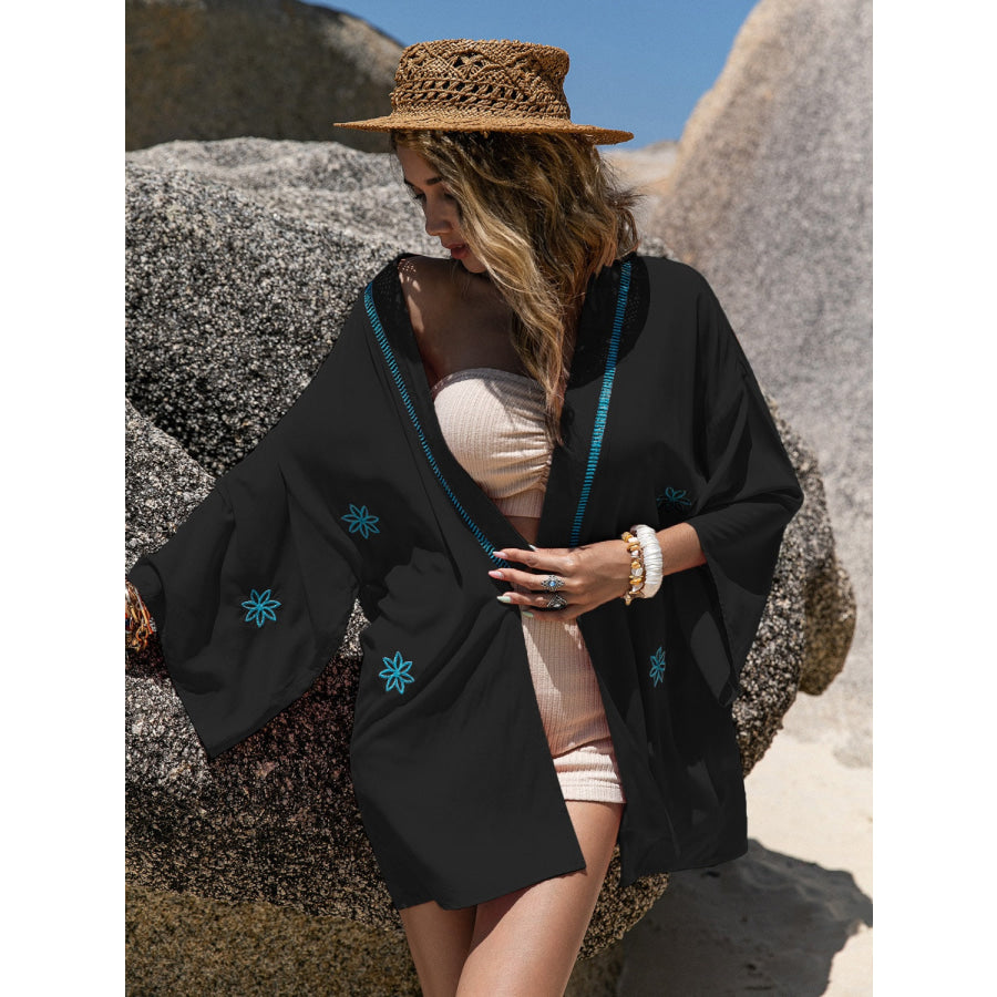 Embroidered Open Front Long Sleeve Cover Up Apparel and Accessories