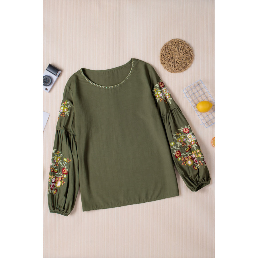 Embroidered Round Neck Balloon Sleeve T - Shirt Apparel and Accessories
