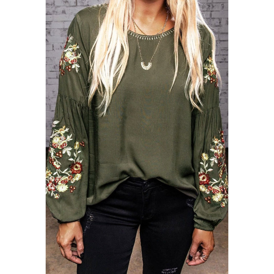 Embroidered Round Neck Balloon Sleeve T - Shirt Moss / S Apparel and Accessories
