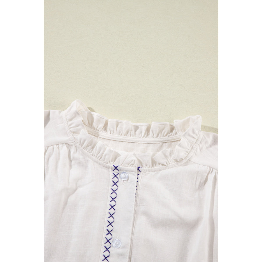 Embroidered Round Neck Long Sleeve Blouse Apparel and Accessories