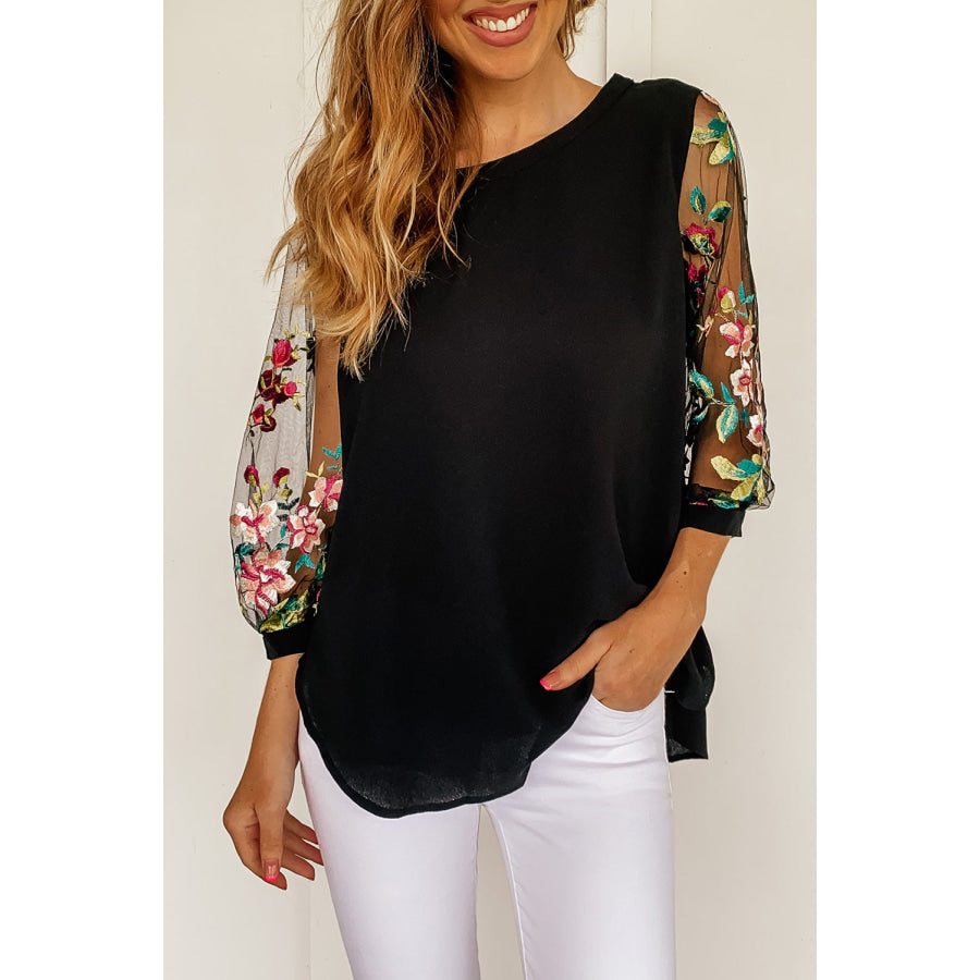 Embroidered Round Neck Three - Quarter Sleeve T - Shirt Black / S Apparel and Accessories