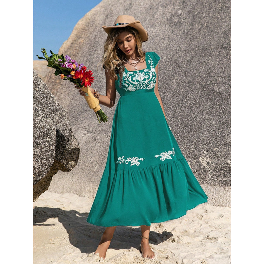 Embroidered Square Neck Cap Sleeve Dress Apparel and Accessories