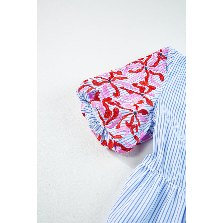 Embroidered Striped Notched Short Sleeve Dress Apparel and Accessories