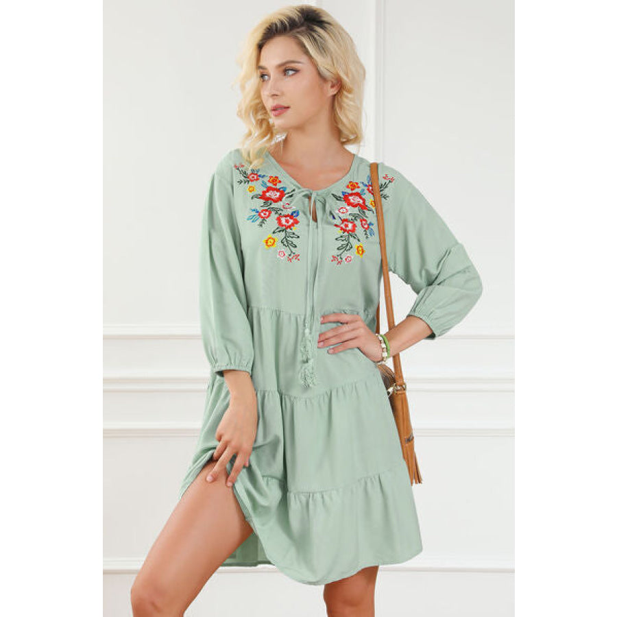 Embroidered Tie Neck Dropped Shoulder Mini Dress Apparel and Accessories